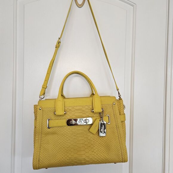 Coach Embossed Python Swagger 27  Bag Dual Handles & Crossbody Yellow,  EUC - Picture 1 of 16